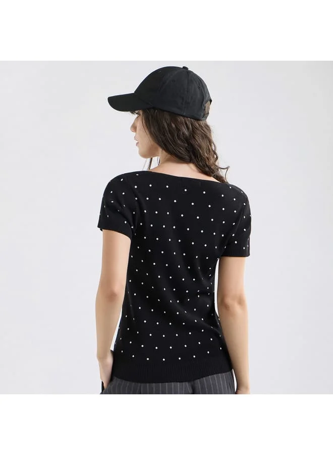 Splash FAV Textured Square Neck T-shirt with Short Sleeves