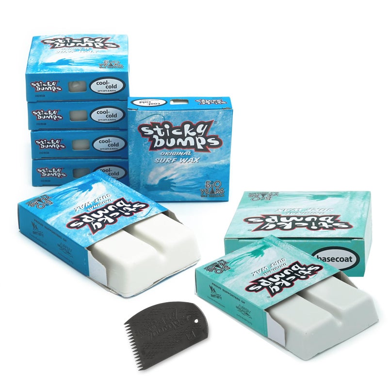 Sticky Bumps Original Surf Wax Bundle | 85g - 6 Pack Cool/Cold (69°F / 20°C) + 2 Pack Basecoat (All-Temp) + Wax Comb | Long-Lasting Grip | All-Natural, Biodegradable - Image 5