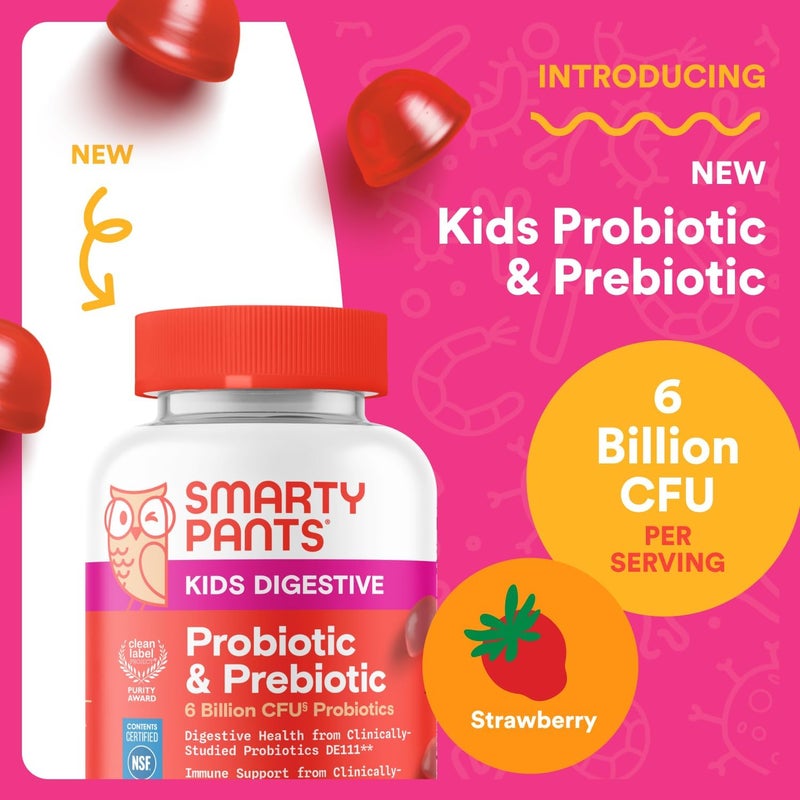 SmartyPants Kids Probiotic  Prebiotic Gummies for Digestive Health Gut Health Supplement Clinically Studied Prebiotic for Immune Support Strawberry 60 Count 30 Day Supply - Image 2