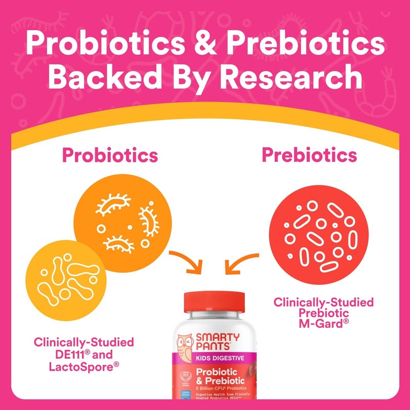 SmartyPants Kids Probiotic  Prebiotic Gummies for Digestive Health Gut Health Supplement Clinically Studied Prebiotic for Immune Support Strawberry 60 Count 30 Day Supply - Image 5