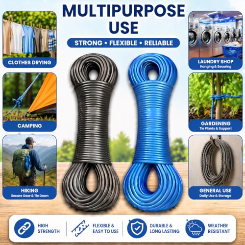 PulGos 𝐏𝐚𝐜𝐤-𝟐, 𝟐𝟎𝐌 PVC Coated Steel Wire Cloth Rope for Drying Clothes |Clothesline Ropes |Heavy-Duty, Strong Wire for Clothes Hanging and Dry at Home, Balcony & Outdoor Use - Image 2