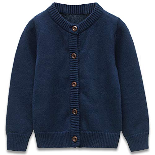 GLEAMING GRAIN Toddler Kids Knit Cardigan Sweaters Baby Boys Girls 100% Cotton Solid Color Basic Sweater Dark Blue 6T - Image 1