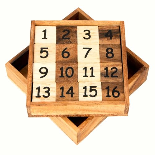 LOGICA GIOCHI ألغاز لوجيكا رقم 15+16 - 2 ألغاز في 1 - انزلاق خمسة عشر - لغز رياضي من الخشب الفاخر - صعوبة 2/6 متوسطة + 4/6 شديدة - Image 1