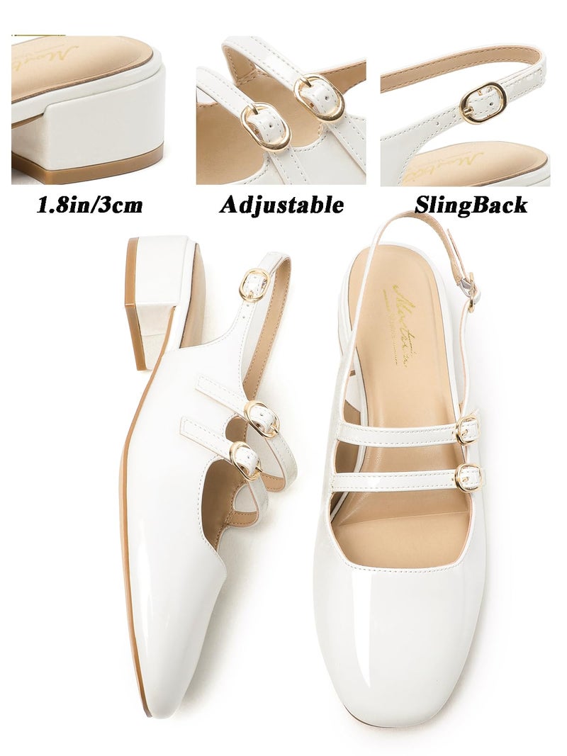 Mostrin White Mary Jane Shoes Women Slingback Chunky Low Heels for Women Closed Rounded Toe Ankle Strap Pumps Daily Wedding Party Dress Shoes Size 8 - Image 5