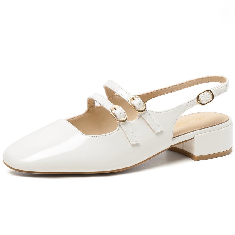 Mostrin White Mary Jane Shoes Women Slingback Chunky Low Heels for Women Closed Rounded Toe Ankle Strap Pumps Daily Wedding Party Dress Shoes Size 8 - Image 1