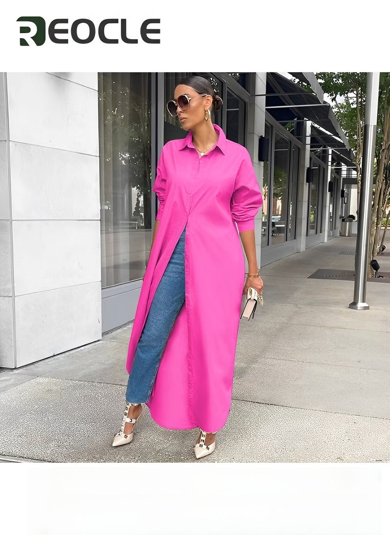 REOCLE Women's Large Size Shirt Dress Casual Loose Long Sleeve Button Long Skirt Slit Shirt Dress - Image 5