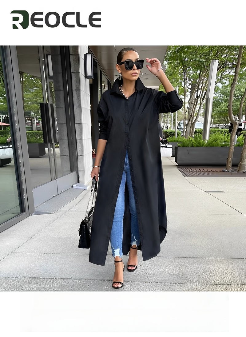 REOCLE Women's Large Size Shirt Dress Casual Loose Long Sleeve Button Long Skirt Slit Shirt Dress - Image 3