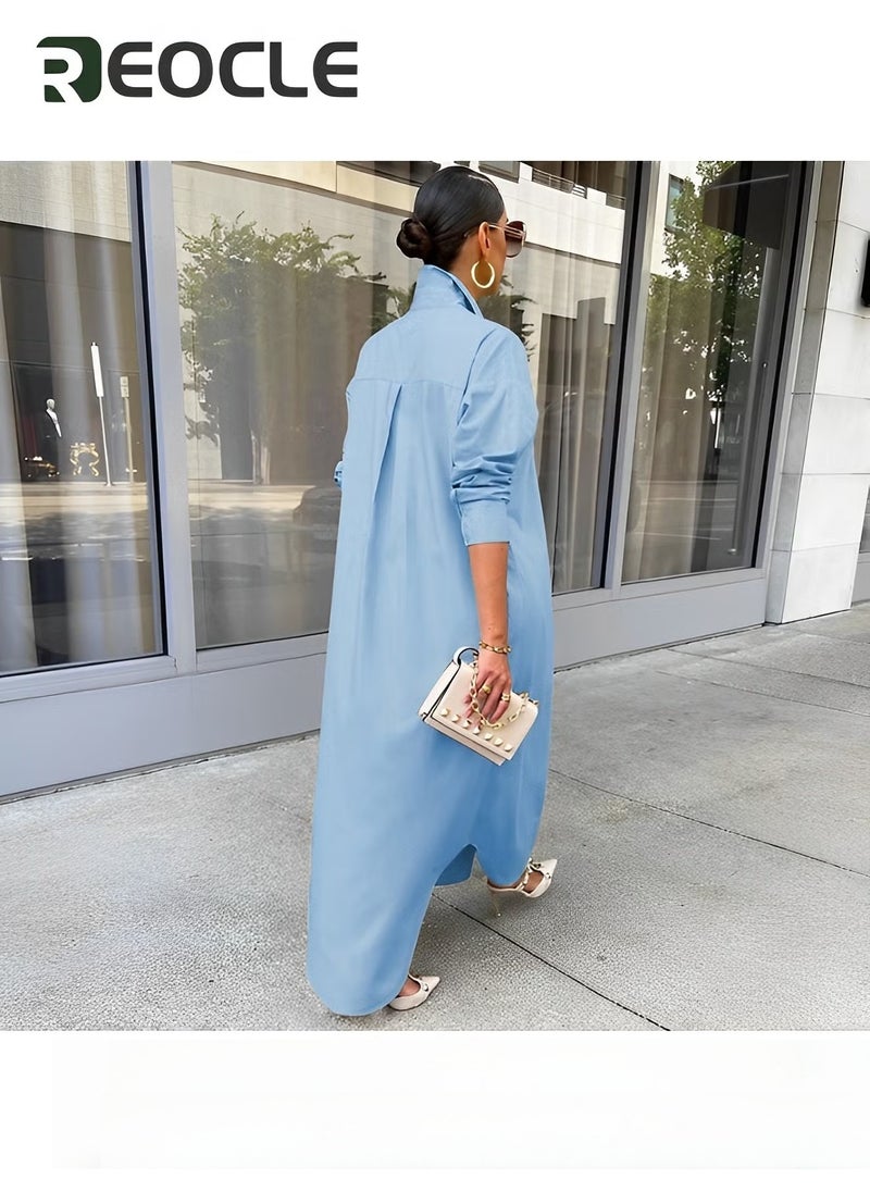 REOCLE Women's Large Size Shirt Dress Casual Loose Long Sleeve Button Long Skirt Slit Shirt Dress - Image 2