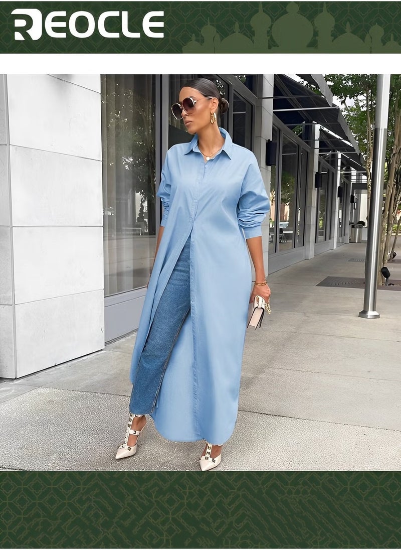 REOCLE Women's Large Size Shirt Dress Casual Loose Long Sleeve Button Long Skirt Slit Shirt Dress - Image 1