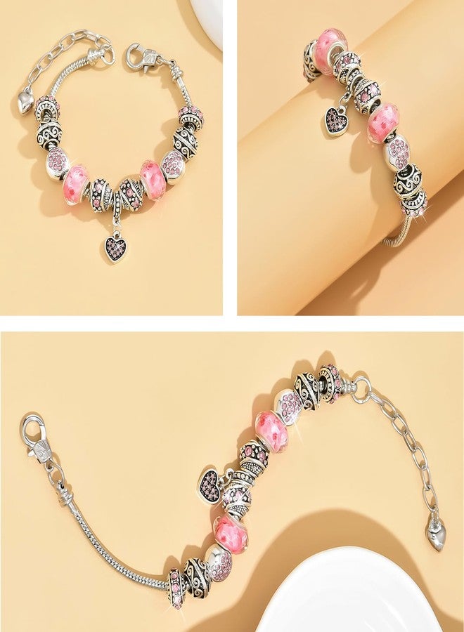 VTEAS 2 Pack 14K Gold Plated Bracelet and Pink Heart Silver Plated Charm Bracelet, DIY Jewelry for Women and Girls Gifts, with Beads, Crystal, Charms, Love and Adjustable Snake Chain, Fits 7.5"+1.5" - Image 4