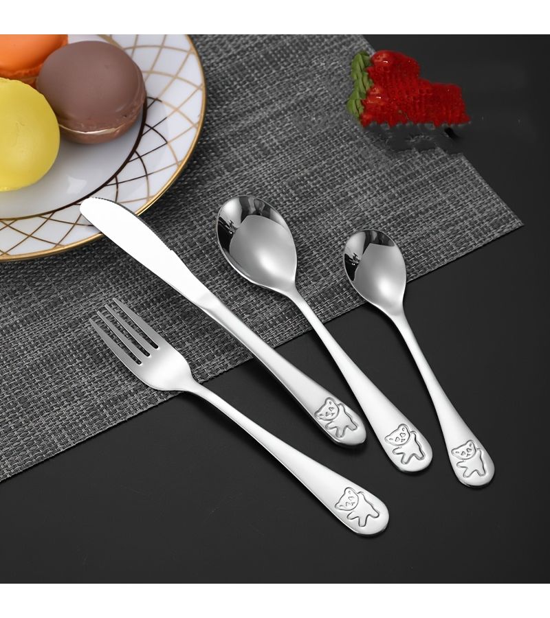 304 Stainless Steel Cartoon Bear Tableware Spoon Fork 4pcs Kids Creative Cute Flatware Set - Image 1