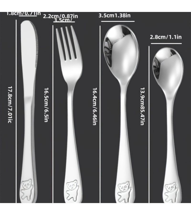 304 Stainless Steel Cartoon Bear Tableware Spoon Fork 4pcs Kids Creative Cute Flatware Set - Image 3