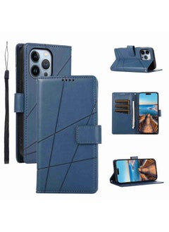 Case Cover For iPhone 13 Pro Max PU Genuine Leather Texture Embossed Line Phone Case Blue