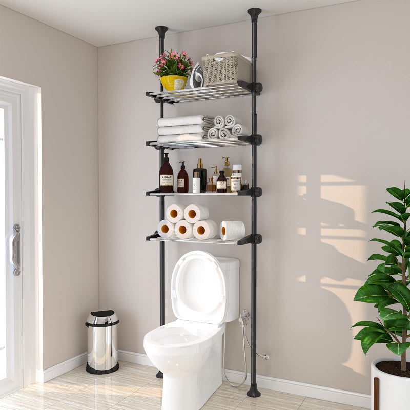 4Tier Over The Toilet Storage Shelf 4595 FT Adjustable Bathroom Organizer Heavy Duty Metal Shelves Above Behind Toilet Laundry SpaceSaving Shelving for Small Rooms No Drill Tenant Friendly