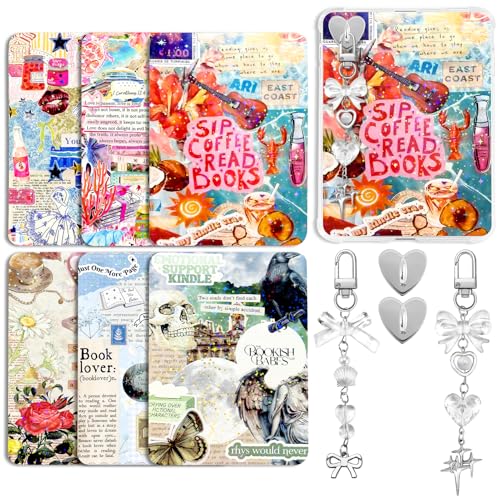 Tmtains 6Pcs Inserts Cardstock for Kindle Paperwhite Clear Case 2Pcs E-reader Charms Bracelets Decor for Women Men Reader Booklovers Vintage Theme Back Cover Inserts for Kindle 11-12th (6.8"x4.8") - Image 1