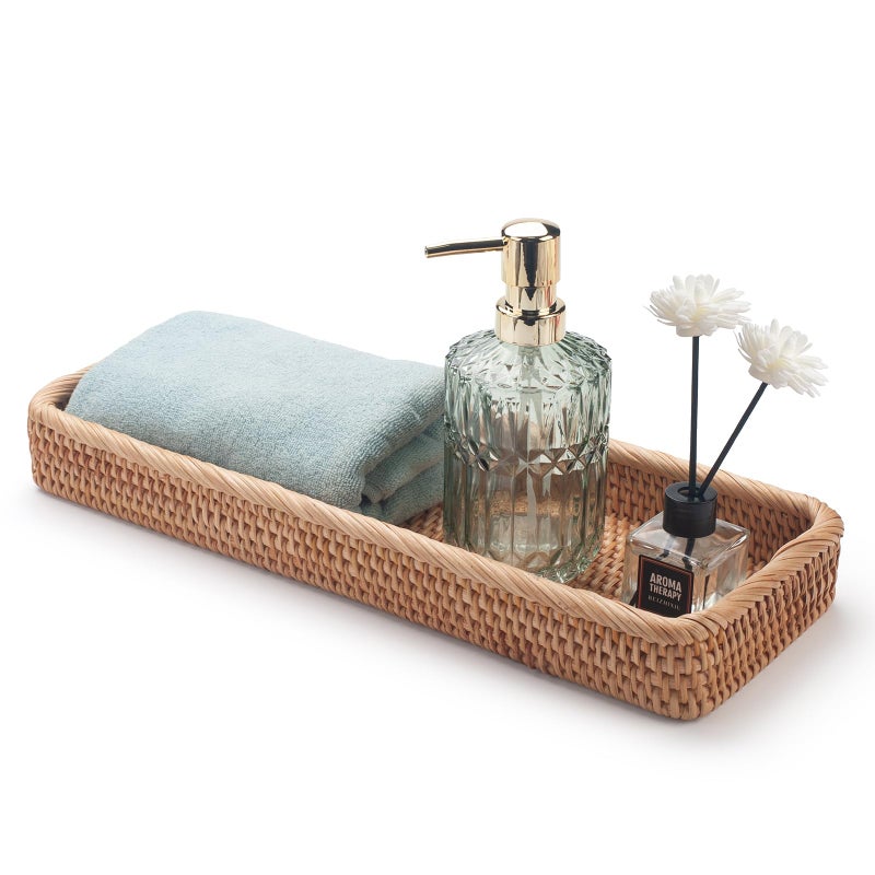 DECRAFTS Rattan Bathroom Vanity Trays Toilet Tank Baskets Long Narrow Hand Towel Storage Basket for Storage, Decorative (Natural 16.3 x 6.1 x 2 inch) - Image 1