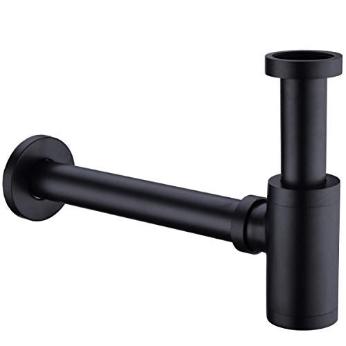 TRUSTMI Bottle P Trap Brass Round 1 1/4 Inch Decorative P-Trap, Adjustable Bathroom Basin Sink Waste Drain Kit, Wall Drainage, Matte Black - Image 1