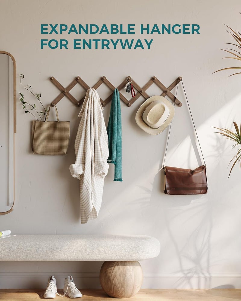 OROPY Wood Accordion Wall Hanger, Expandable Coat Rack Wall Mount with 17 Pegs, Expanding Hat Rack for Wall Walnut Color - Image 3