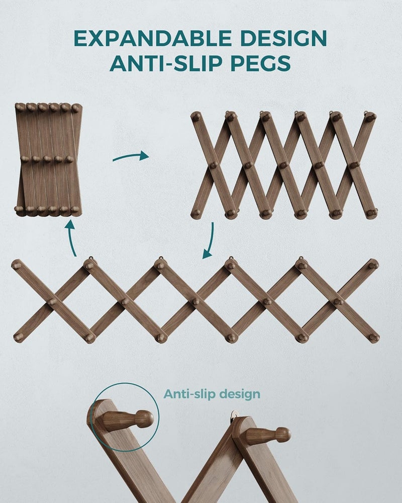 OROPY Wood Accordion Wall Hanger, Expandable Coat Rack Wall Mount with 17 Pegs, Expanding Hat Rack for Wall Walnut Color - Image 5