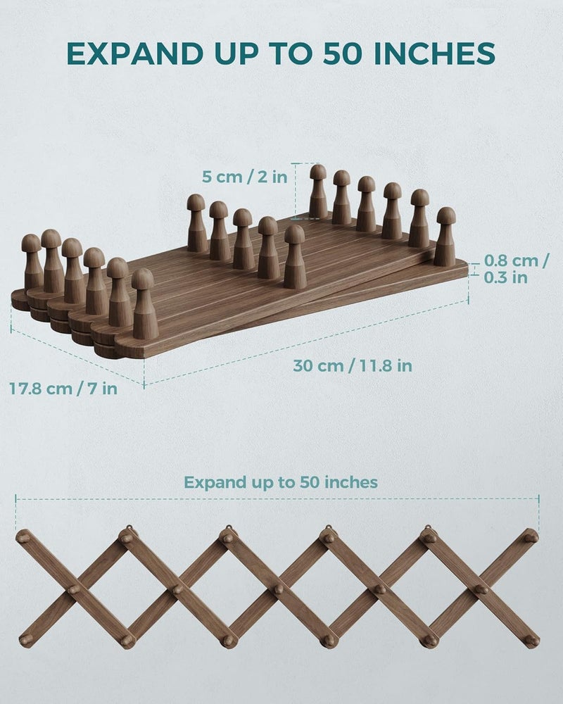 OROPY Wood Accordion Wall Hanger, Expandable Coat Rack Wall Mount with 17 Pegs, Expanding Hat Rack for Wall Walnut Color - Image 4