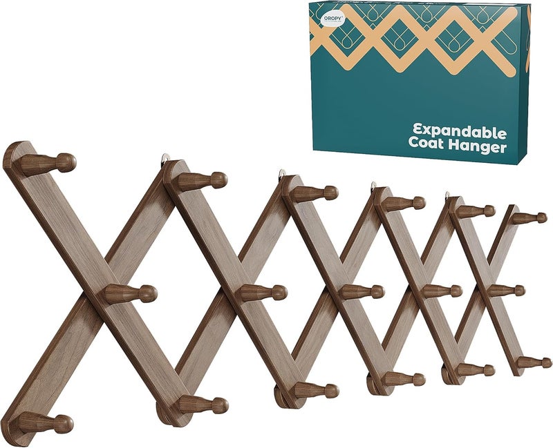 OROPY Wood Accordion Wall Hanger, Expandable Coat Rack Wall Mount with 17 Pegs, Expanding Hat Rack for Wall Walnut Color - Image 2