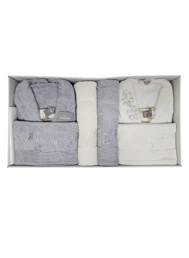 nurpak 10-Piece Turkish Bamboo Cotton Towel Set for Gifting Couple’s Towels and Robe Set Including Premium His and Hers Bath Towels 90x145cm Bathrobes Hand Towels Bath Gloves Bridal Shower Gift Box Set Off White/Grey - Image 3