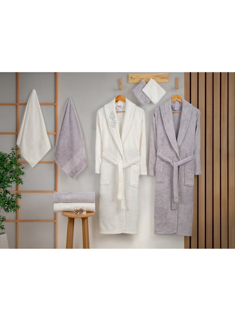 nurpak 10-Piece Turkish Bamboo Cotton Towel Set for Gifting Couple’s Towels and Robe Set Including Premium His and Hers Bath Towels 90x145cm Bathrobes Hand Towels Bath Gloves Bridal Shower Gift Box Set Off White/Grey - Image 1