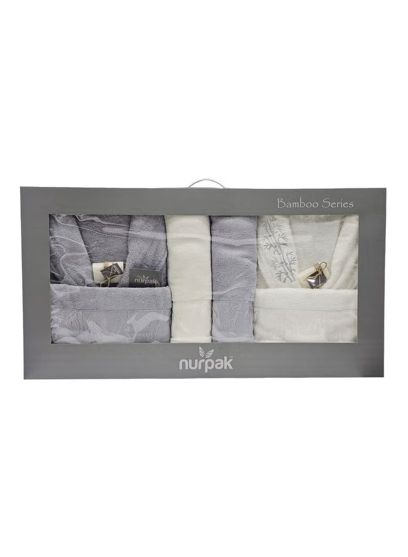 nurpak 10-Piece Turkish Bamboo Cotton Towel Set for Gifting Couple’s Towels and Robe Set Including Premium His and Hers Bath Towels 90x145cm Bathrobes Hand Towels Bath Gloves Bridal Shower Gift Box Set Off White/Grey - Image 2