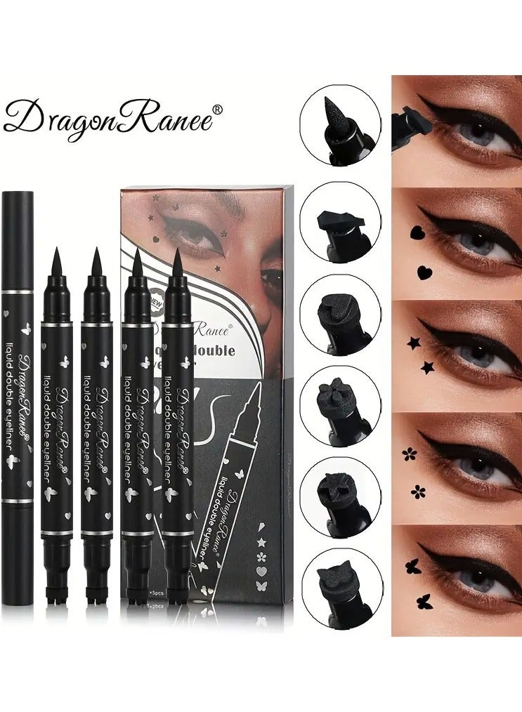 Dragon Ranee مجموعة محدد عيون سائل مزدوج الرأس من دراجون راني 5 قطع، مقاوم للماء، مقاوم للتلطخ، سهل الاستخدام، تأثير مكياج طبيعي، لون أسود، أنماط نجوم وقلوب، مجموعة أساسية للمبتدئين - Image 1