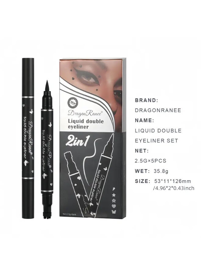 Dragon Ranee مجموعة محدد عيون سائل مزدوج الرأس من دراجون راني 5 قطع، مقاوم للماء، مقاوم للتلطخ، سهل الاستخدام، تأثير مكياج طبيعي، لون أسود، أنماط نجوم وقلوب، مجموعة أساسية للمبتدئين - Image 4