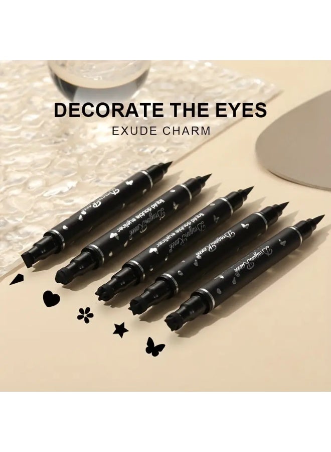 Dragon Ranee مجموعة محدد عيون سائل مزدوج الرأس من دراجون راني 5 قطع، مقاوم للماء، مقاوم للتلطخ، سهل الاستخدام، تأثير مكياج طبيعي، لون أسود، أنماط نجوم وقلوب، مجموعة أساسية للمبتدئين - Image 2