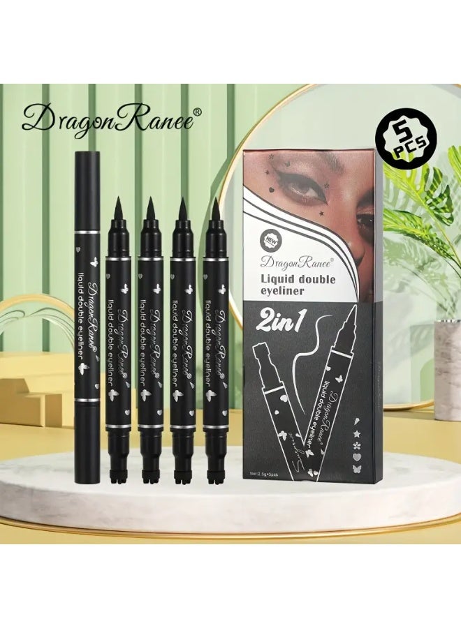 Dragon Ranee مجموعة محدد عيون سائل مزدوج الرأس من دراجون راني 5 قطع، مقاوم للماء، مقاوم للتلطخ، سهل الاستخدام، تأثير مكياج طبيعي، لون أسود، أنماط نجوم وقلوب، مجموعة أساسية للمبتدئين - Image 3