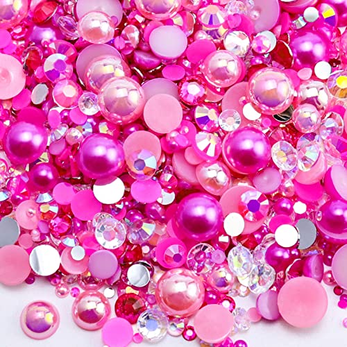 Briskbloom 60g Mix Pearls and Rhinestones for Crafts - 3620PCS 2mm-10mm Flatback for Nails, Face Art, Tumblers - Jelly and Half Pearls - Light Pink, Hot Pink, Clear - Image 1