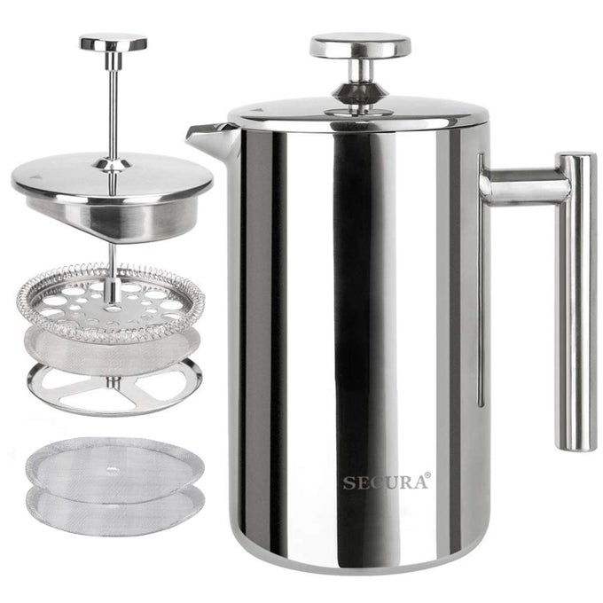 FRENCH PRESS COFFEE MAKER 304 GRADE STAINLESS STEEL INSULATED COFFEE PRESS WITH 2 EXTRA SCREENS 17OZ 05 LITRE SILVER