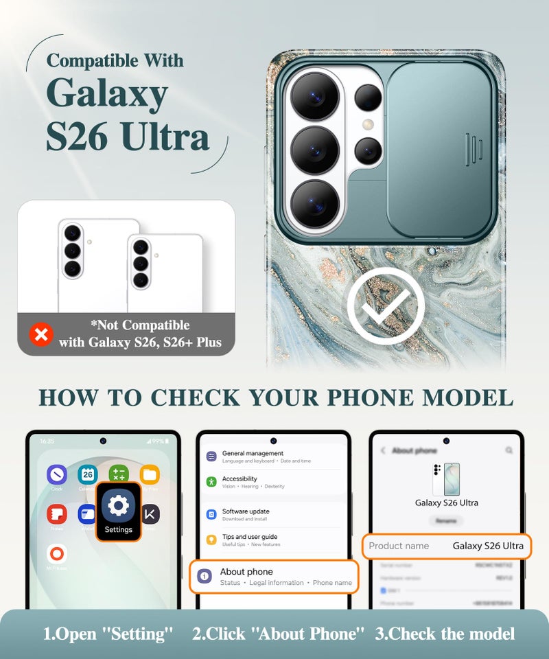 GVIEWIN for Samsung Galaxy S26 Ultra Case with Slide Camera Cover, [Screen Protector] [Shockproof Military Grade Drop Protection] Marble Slim Fit Hard PC Phone Cover S26 Ultra 6.9" 2026 (Ocean Tide) - Image 2