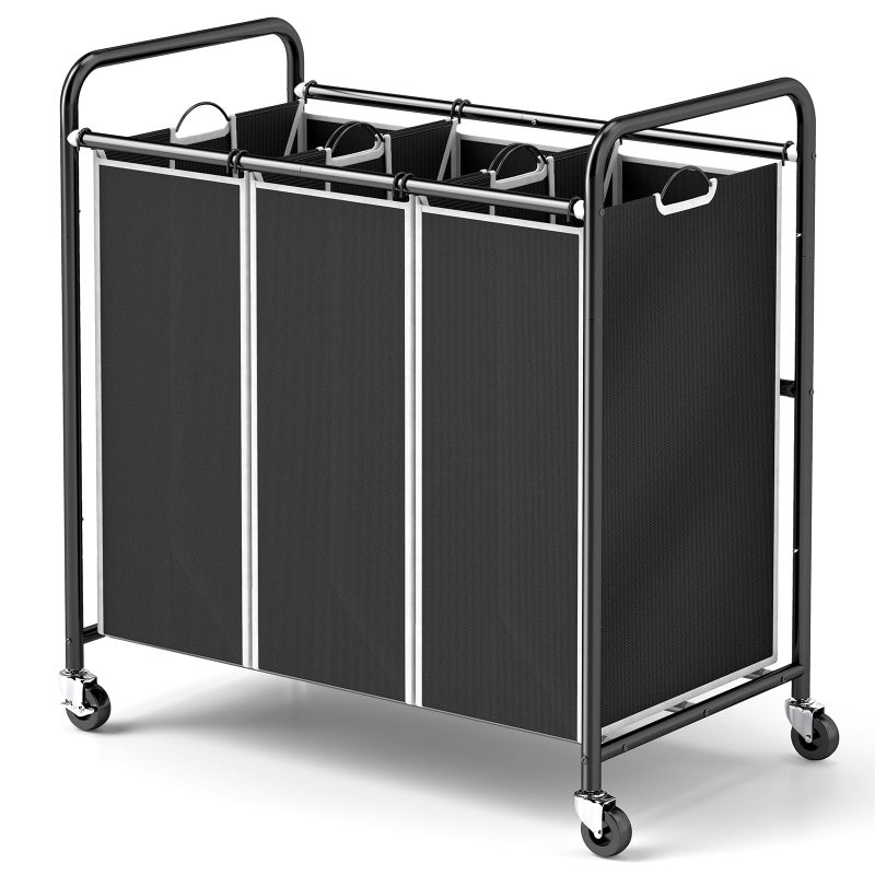 ROMOON 3 Compartment Heavy Duty Laundry Sorter Hamper with Removable Liners and Wheels SpaceSaving Organizer for Laundry Room Apartment Dorm Closet Storage Black
