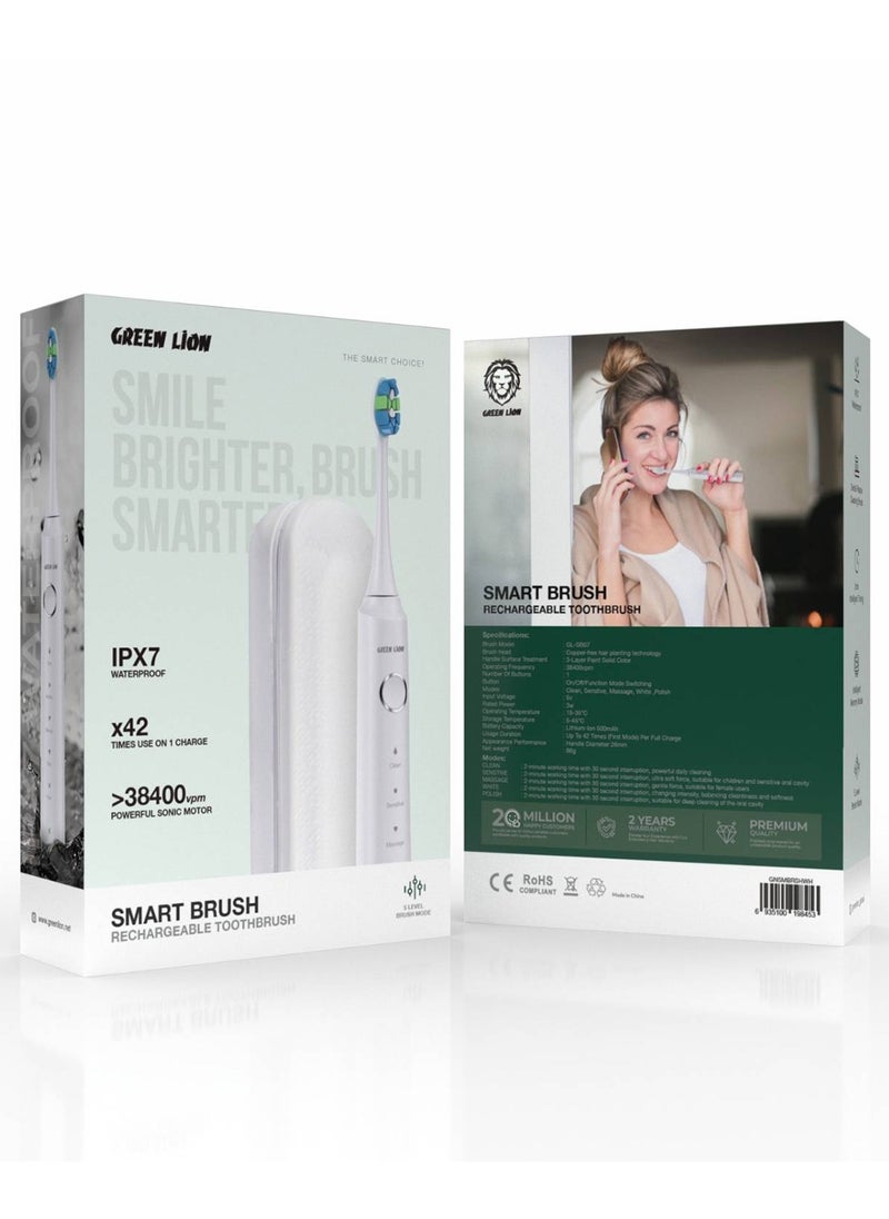 GREEN LION - Green Lion Smart Brush Rechargeable Electric Toothbrush with 5 Brush Mode Levels, Waterproof, 500mAh, Dental Plaque Cleaning Brush, Powerful Sonic Motor - White - Image 1