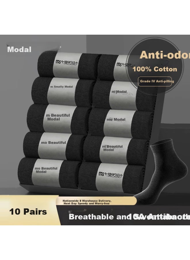 Modal 10 Pairs Of Men'S Summer Thin 100% Cotton Mid-Calf Socks 10A Antibacterial And Odor-Resistant Men'S Business Long Tube Socks