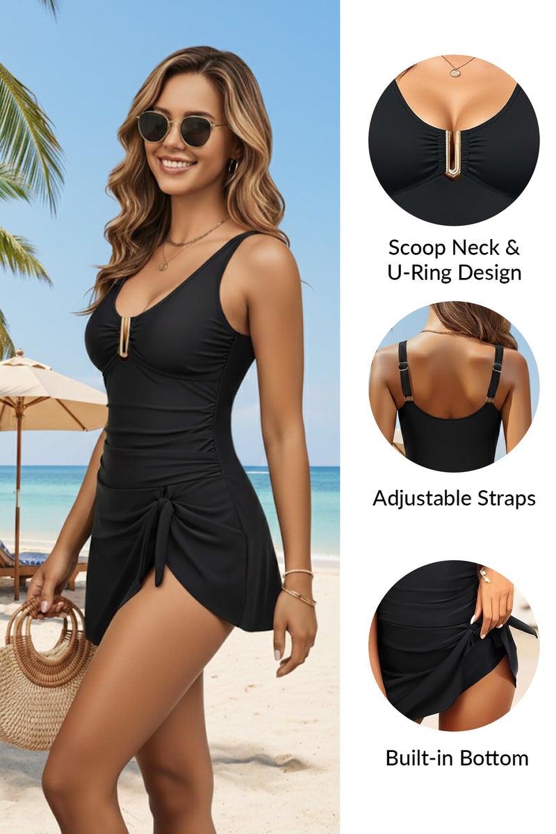 Yonique Women's One Piece Swimdress- Tummy Control Swimsuits with Skirt V Neck U Ring Bathing Suit Tie Knot Swimwear 2025 Black Large - Image 4