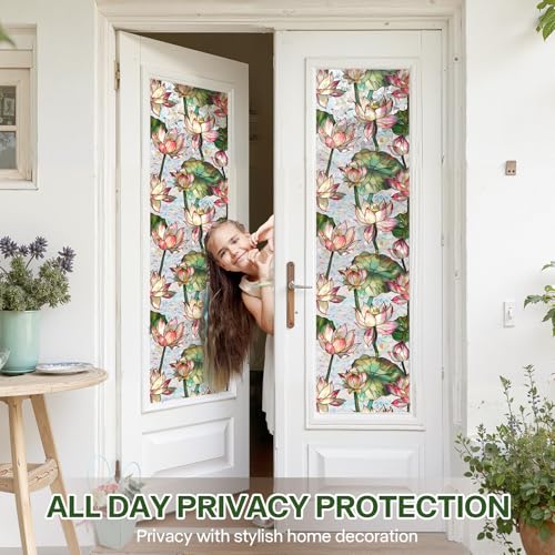 Aomkmi Stained Glass Window Film UV Resistant Window Privacy Film Lotus Floral Privacy Rainbow Decals Living Room Bedroom Sun Blocking Decor Removable Static Cling Stickers 17 x 39.37 Inch - Image 3