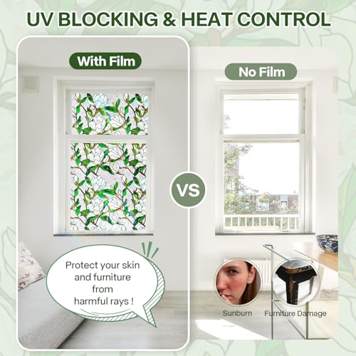 Aomkmi Stained Glass Window Film UV Resistant Window Privacy Film Lotus Floral Privacy Rainbow Decals Living Room Bedroom Sun Blocking Decor Removable Static Cling Stickers 17 x 39.37 Inch - Image 4