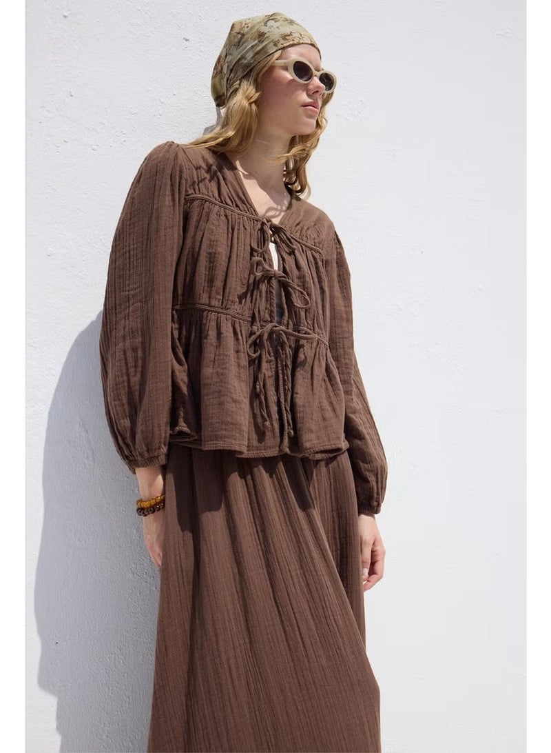 Manuka Muslin Blouse with Tie Detail Brown - Image 2