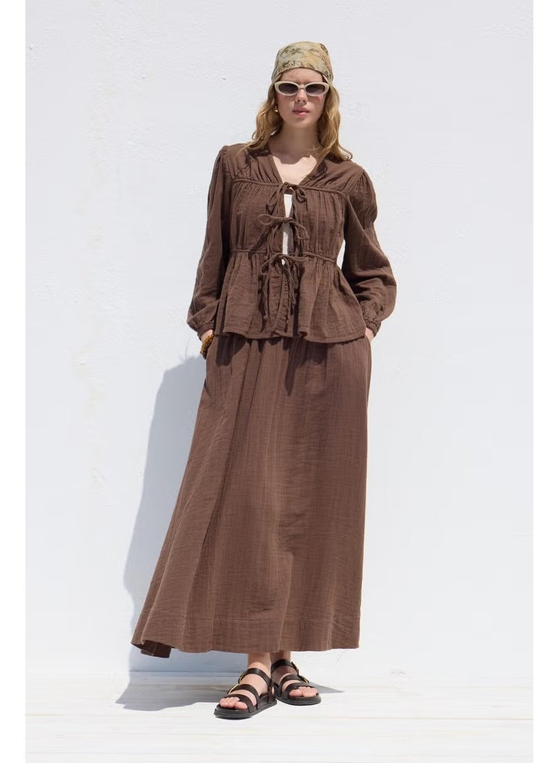 Manuka Muslin Blouse with Tie Detail Brown - Image 3