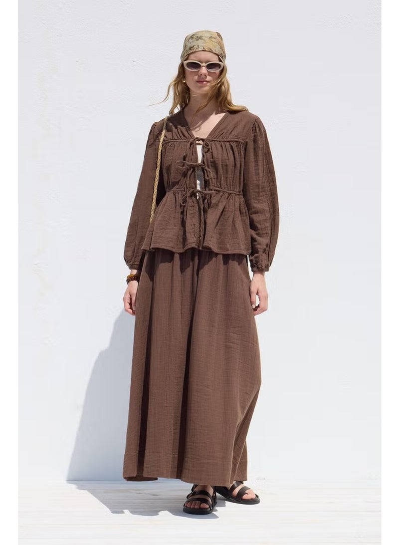 Manuka Muslin Blouse with Tie Detail Brown - Image 4