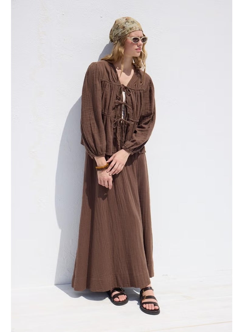 Manuka Muslin Blouse with Tie Detail Brown - Image 5