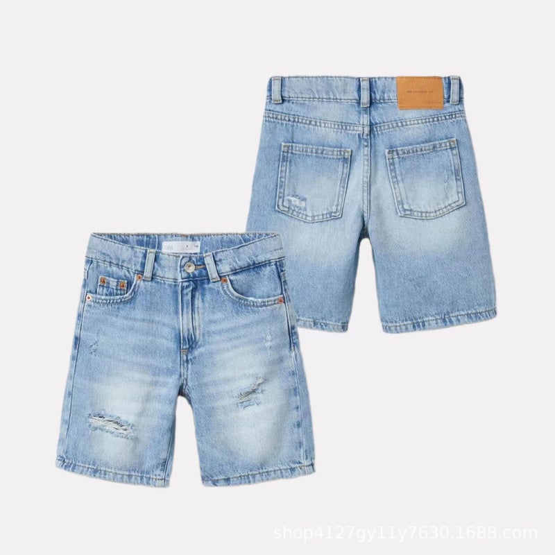 Blue Black Denim Boys And Girls Children'S Wear High Waist Shorts Casual Breathable Wear-Resistant And Comfortable - Image 2