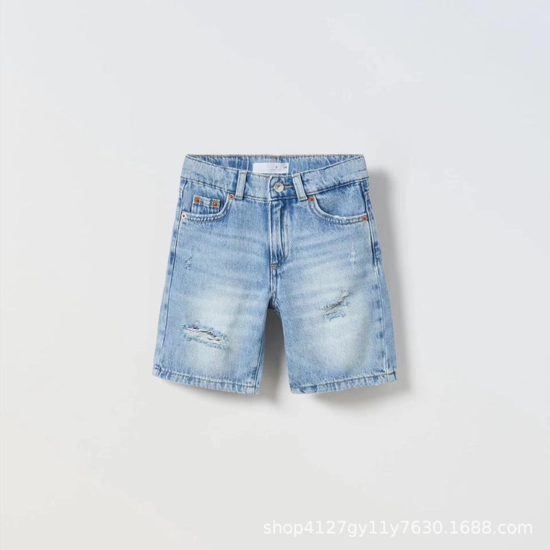 Blue Black Denim Boys And Girls Children'S Wear High Waist Shorts Casual Breathable Wear-Resistant And Comfortable - Image 3