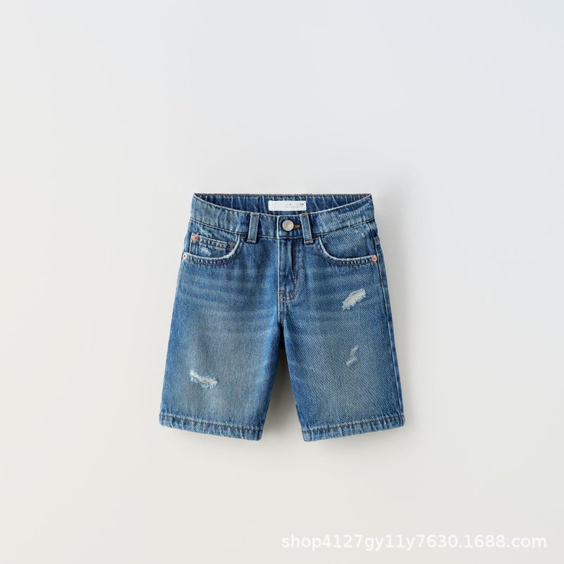 Blue Black Denim Boys And Girls Children'S Wear High Waist Shorts Casual Breathable Wear-Resistant And Comfortable - Image 1