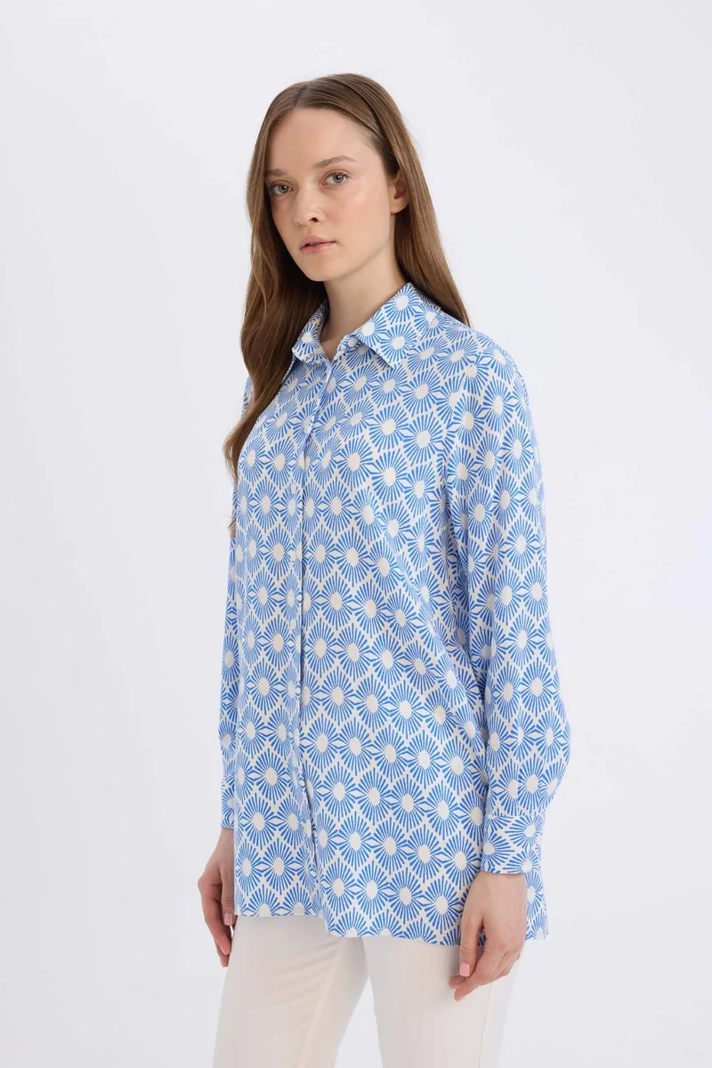 ديفاكتو Relax Fit Viscose Shirt Collar Printed Long Sleeve Tunic
