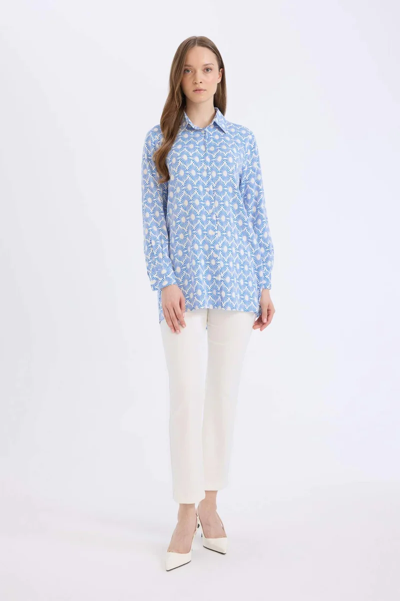 ديفاكتو Relax Fit Viscose Shirt Collar Printed Long Sleeve Tunic